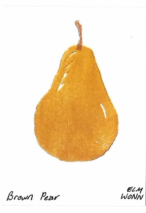 A ripe pear painted in warm golden brown, stem upward