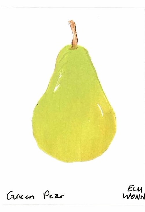 A ripe pear painted in yellow-green, stem upward