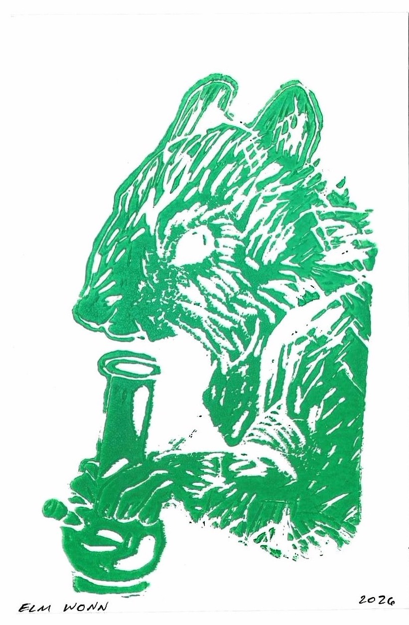 A squirrel beside a bong, cut in bright green ink