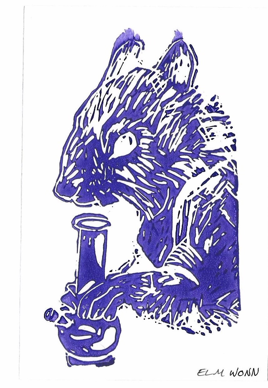 A squirrel beside a bong, cut in deep purple ink